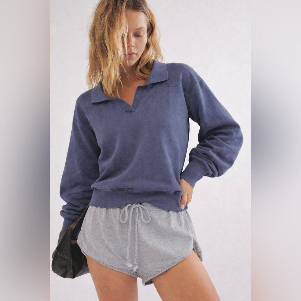 Blue Gray Collared Boho Top Sweatshirt S